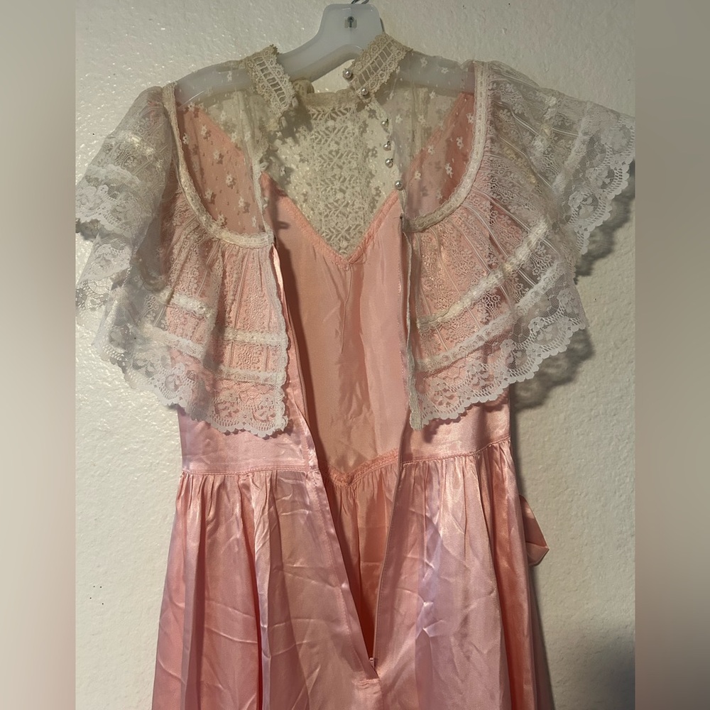 Vintage 1970’s 80’s Gold Label Gunne Sax Dress Peach Pink Lace Satin Size 9 - Picture 7 of 17